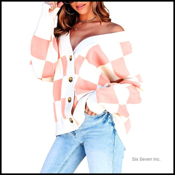 Oversized Cable Knit Cardigan Plaid V Neck Button Down Long Sleeve Sweater